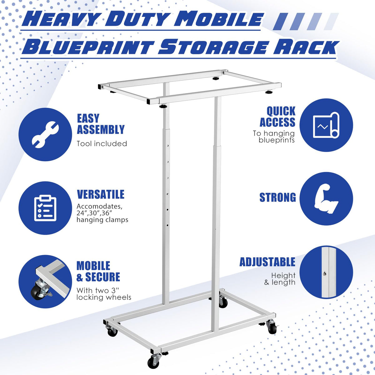 Kolldenn Mobile Blueprint Storage Rack with 6 Clamps 4 Wheels