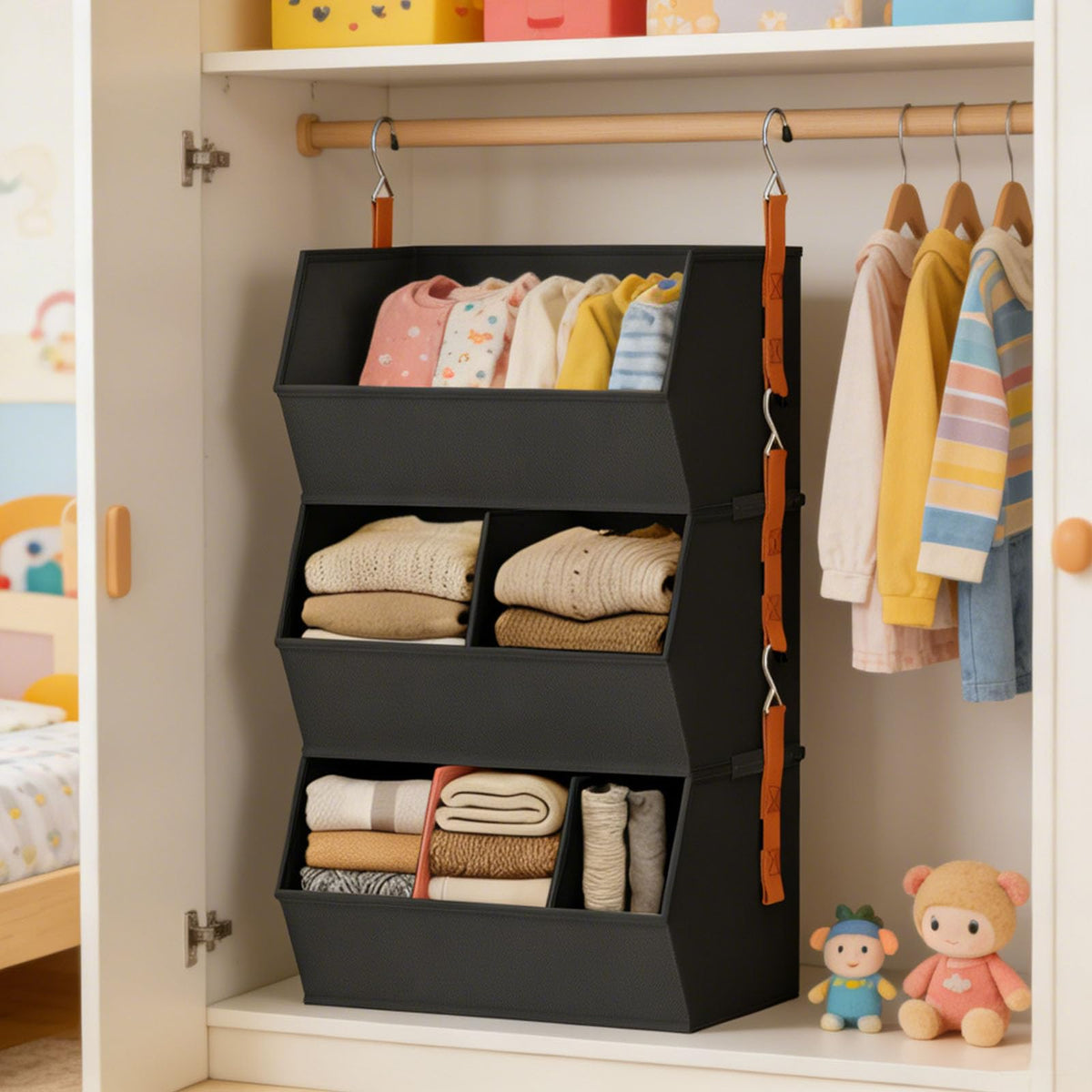 sodeber Fabric Hanging Closet Organizer with Reinforced PP Boards and Metal Hooks Space Saving Vertical Wardrobe Storage Shelves for Clothes Sweaters and Household Organization