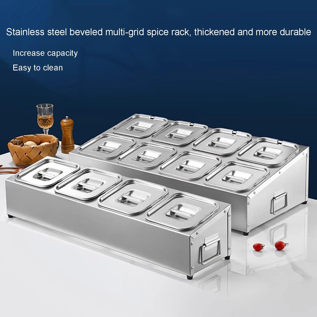 Stainless Steel Spice Rack Set - Commercial Condiment Holder & Food Dispenser - Countertop Organizer for Salt, Sugar, Seasonings & Fruits - Durable Silver Storage Solution, 36.4x18x15.5cm