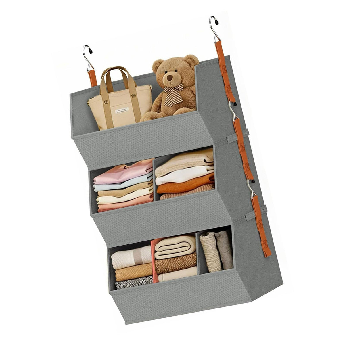 sodeber Fabric Hanging Closet Organizer with Reinforced PP Boards and Metal Hooks Space Saving Vertical Wardrobe Storage Shelves for Clothes Sweaters and Household Organization