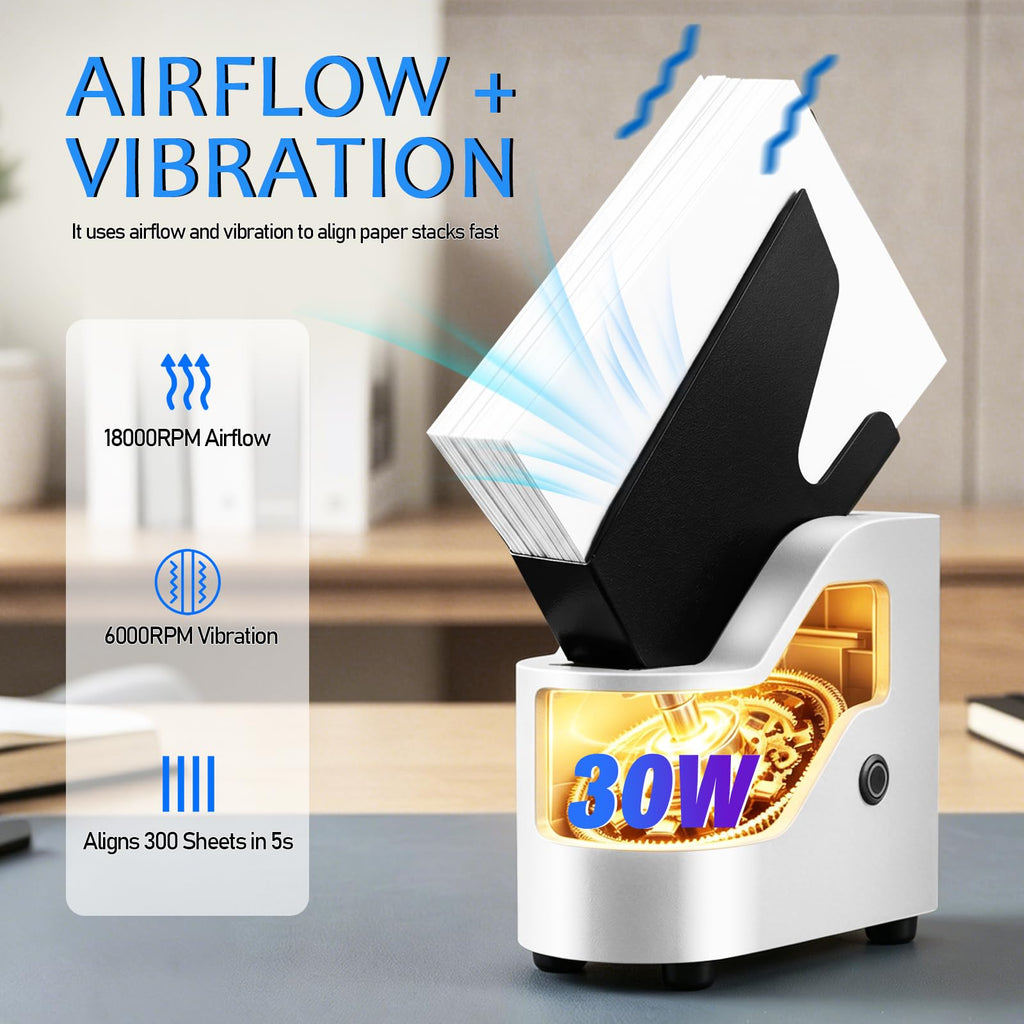 Automatic Desktop Paper Jogger for Desk Organization, 300 Sheet Capacity, 5s Fast Document Alignment, 18,000 RPM Wind Force and 6,000 RPM Vibration Anti Static & Non-Stick for A4/A5/A6/Letter Sizes