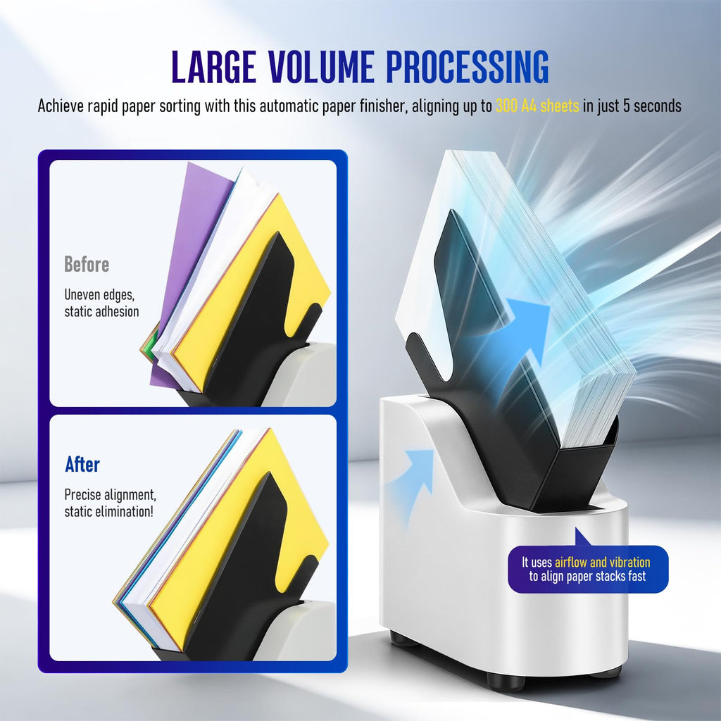 Automatic Desktop Paper Jogger for Desk Organization, 300 Sheet Capacity, 5s Fast Document Alignment, 18,000 RPM Wind Force and 6,000 RPM Vibration Anti Static & Non-Stick for A4/A5/A6/Letter Sizes