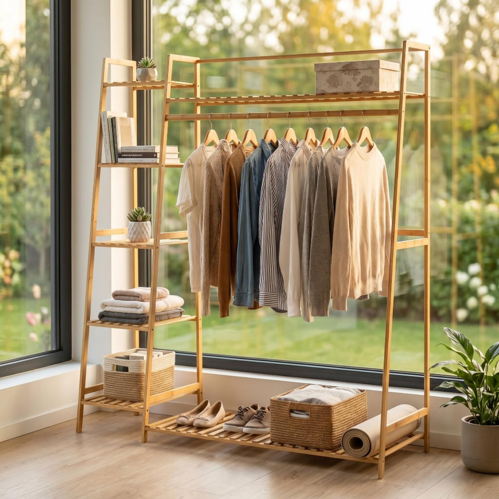 Fonowx Clothing Rack Bamboo Garment Organizer Wardrobe Stand Coat Hanger With Side Shelves And Bottom Slats For Space Saving Storage Suitable for bedroom entryway apartment