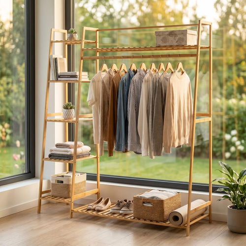 Fonowx Clothing Rack Bamboo Garment Organizer Wardrobe Stand Coat Hanger With Side Shelves And Bottom Slats For Space Saving Storage Suitable for bedroom entryway apartment