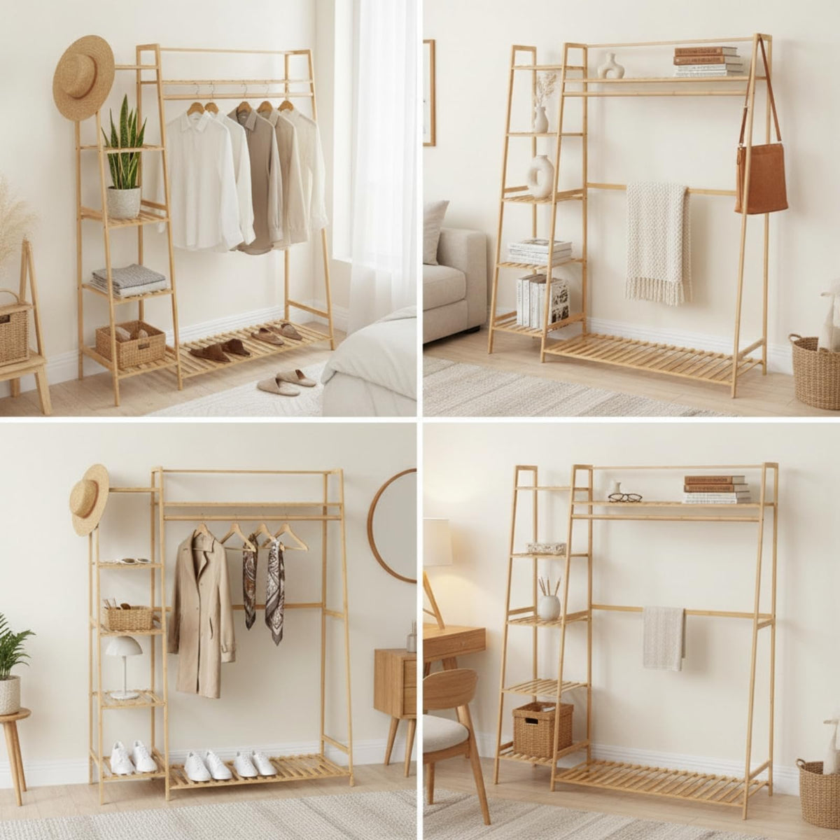 Fonowx Clothing Rack Bamboo Garment Organizer Wardrobe Stand Coat Hanger With Side Shelves And Bottom Slats For Space Saving Storage Suitable for bedroom entryway apartment