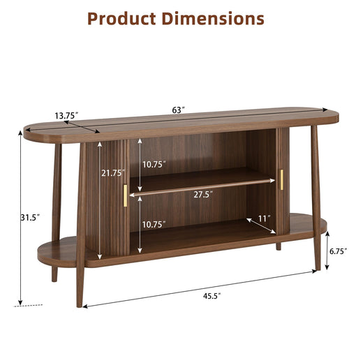 63" Fluted Console Table with Storage, Entryway Table Sliding Door, Walnut