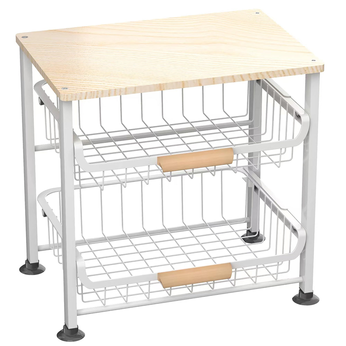 NiuYichee Fruit Basket Kitchen Pantry Organizers and Storage - Wooden Top Table,Pullable Metal Wire Basket Stand Cart for Fruit Vegetable Snacks Jars Bins Containers Organization