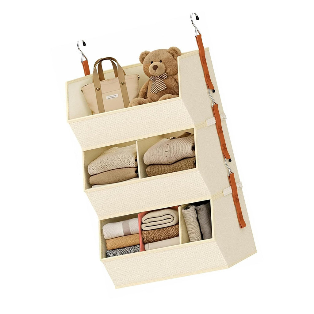 sodeber Fabric Hanging Closet Organizer with Reinforced PP Boards and Metal Hooks Space Saving Vertical Wardrobe Storage Shelves for Clothes Sweaters and Household Organization