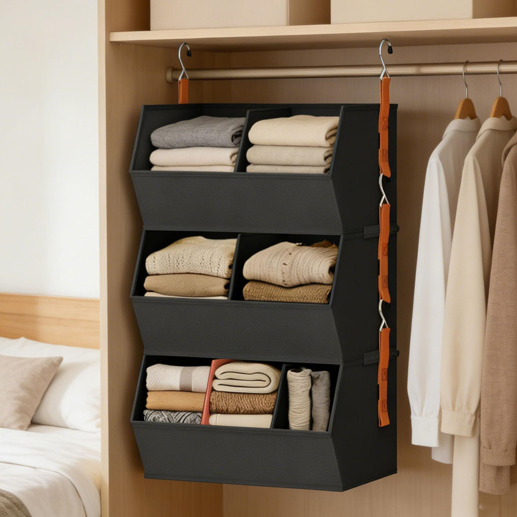 sodeber Fabric Hanging Closet Organizer with Reinforced PP Boards and Metal Hooks Space Saving Vertical Wardrobe Storage Shelves for Clothes Sweaters and Household Organization