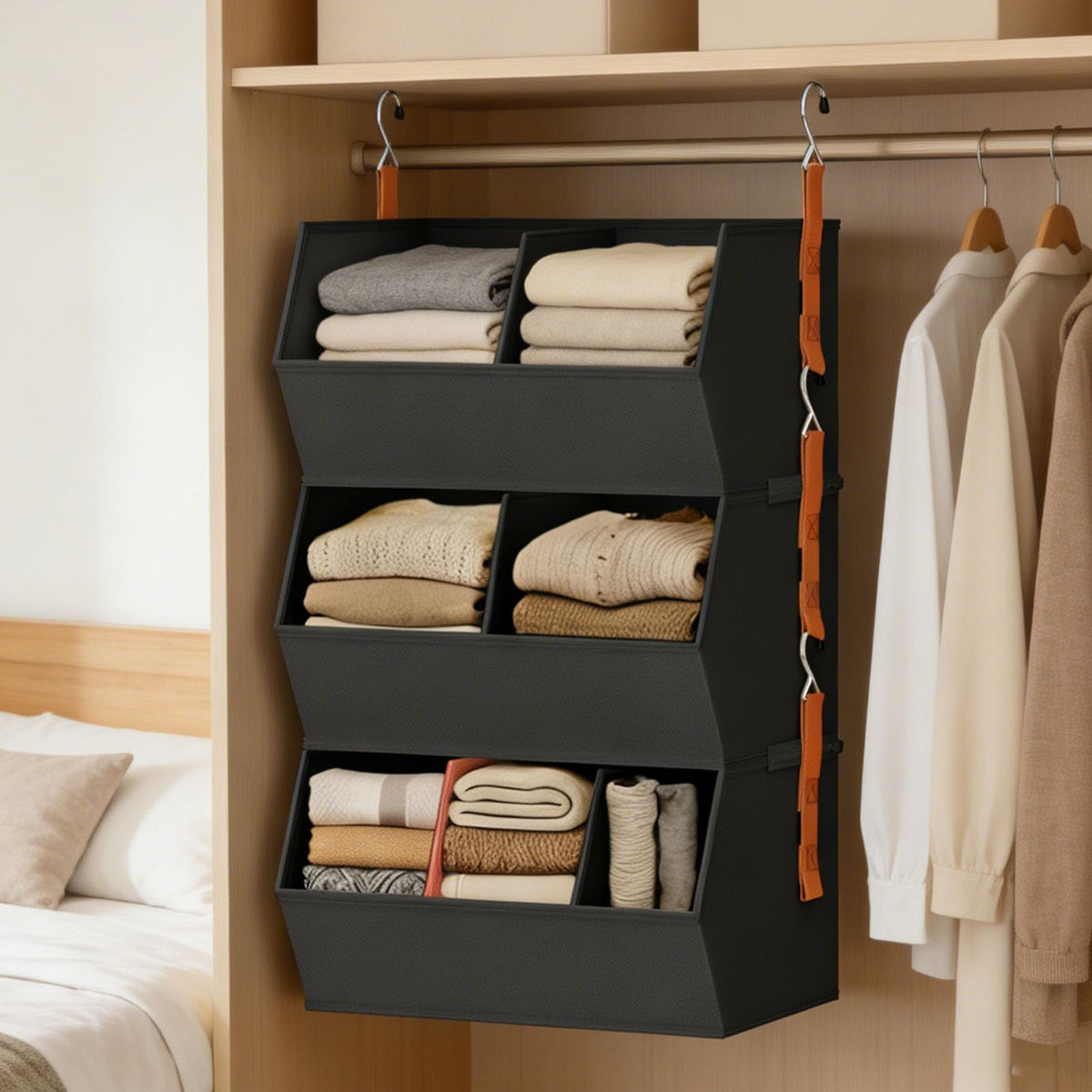sodeber Fabric Hanging Closet Organizer with Reinforced PP Boards and Metal Hooks Space Saving Vertical Wardrobe Storage Shelves for Clothes Sweaters and Household Organization