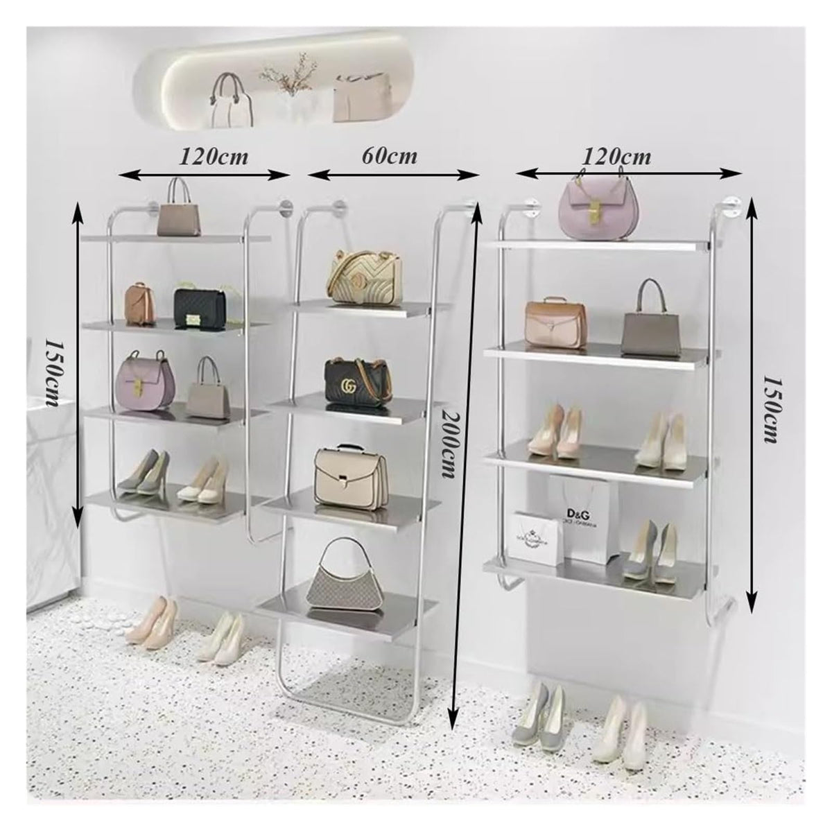 JINMLBO Clothes Rail Garment Rack Modern Ladder Shoe Bag Shelf, Metal Storage Shelf Set of 3 Multi Story Wall Mounted Shelving Stainless Steel Clothing Store Display Rack(Gold,120cmx25x150cm)
