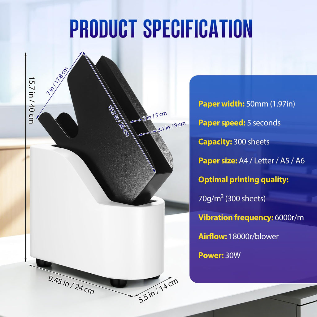Automatic Desktop Paper Jogger for Desk Organization, 300 Sheet Capacity, 5s Fast Document Alignment, 18,000 RPM Wind Force and 6,000 RPM Vibration Anti Static & Non-Stick for A4/A5/A6/Letter Sizes