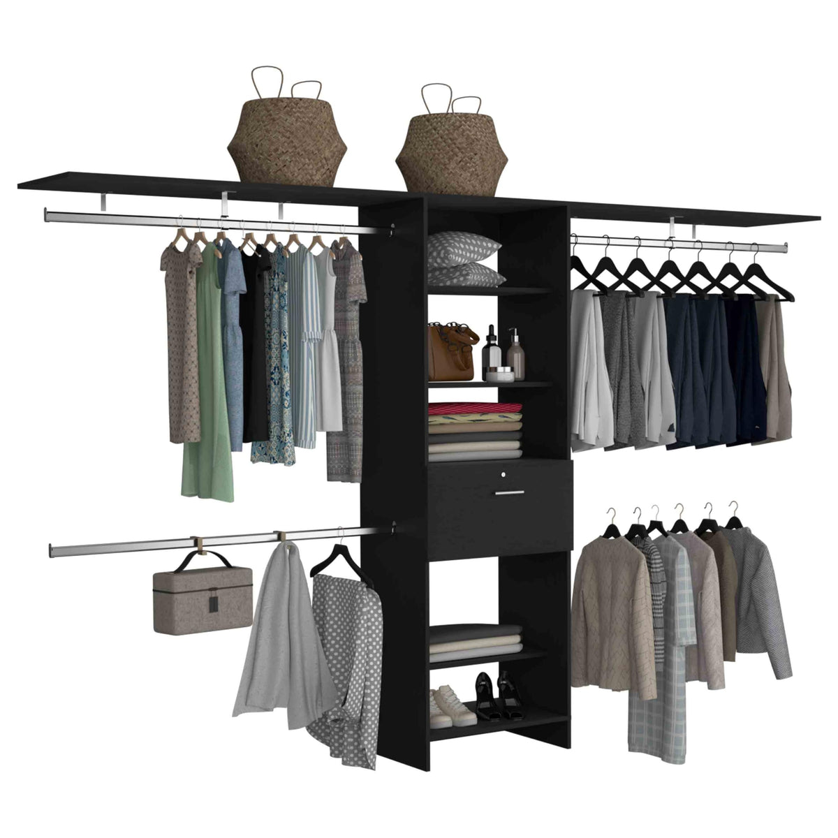 GMASONHK Black Closet Organizer System - 3 Hanging Rods, 5 Shelves, 1 Drawer for Bedroom and Wardrobe