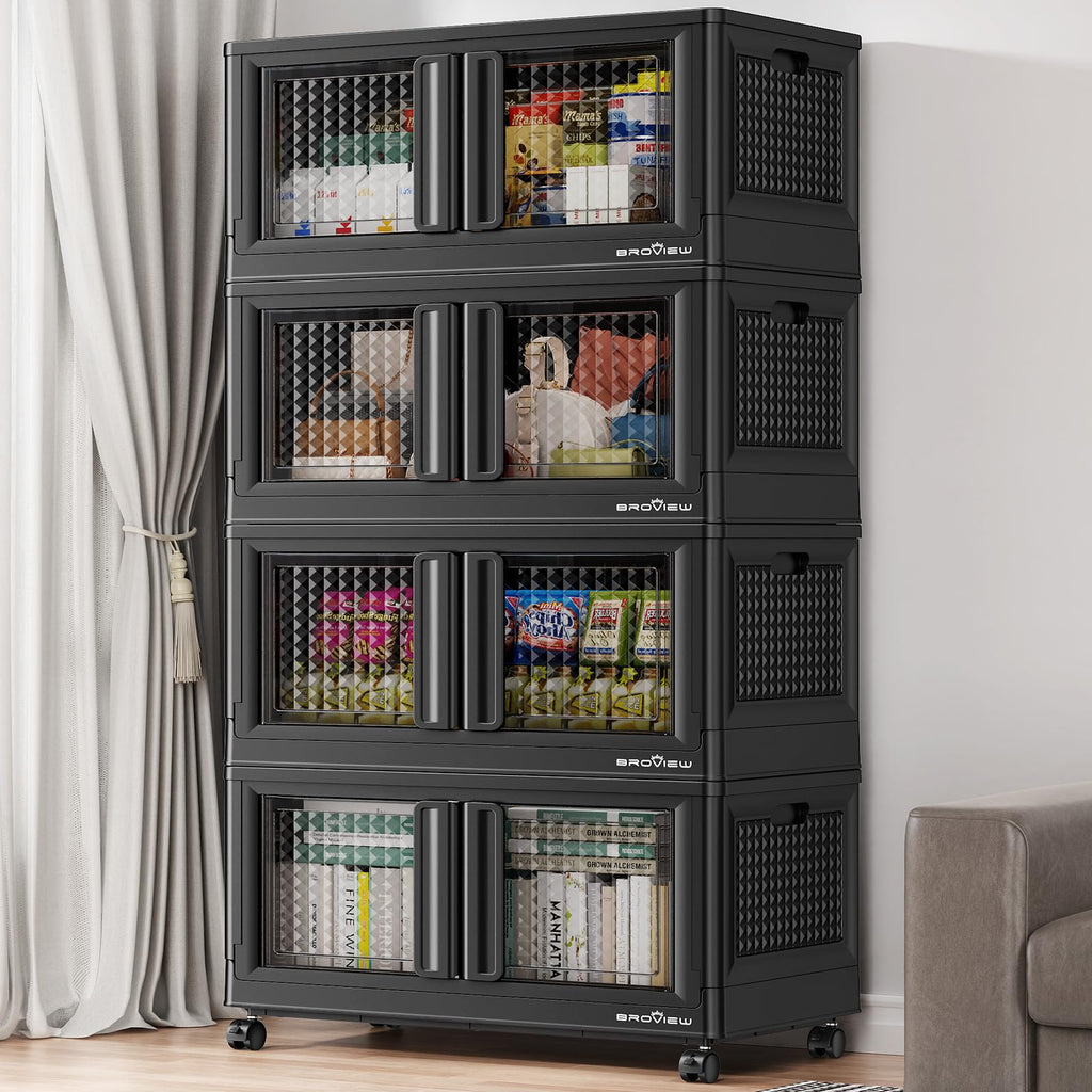 BROVIEW Stackable Storage Bins with Lids, Closet Organizers and Storage Drawer, Plastic Collapsible Storage Bins with Doors, Heavy Duty Store Box Cabinet for Home Kitchen