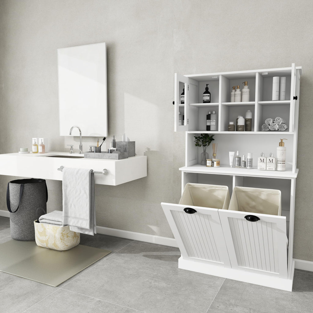 Laundry Hamper Cabinet with 2 Tilt-Out Bins and Adjustable Shelves