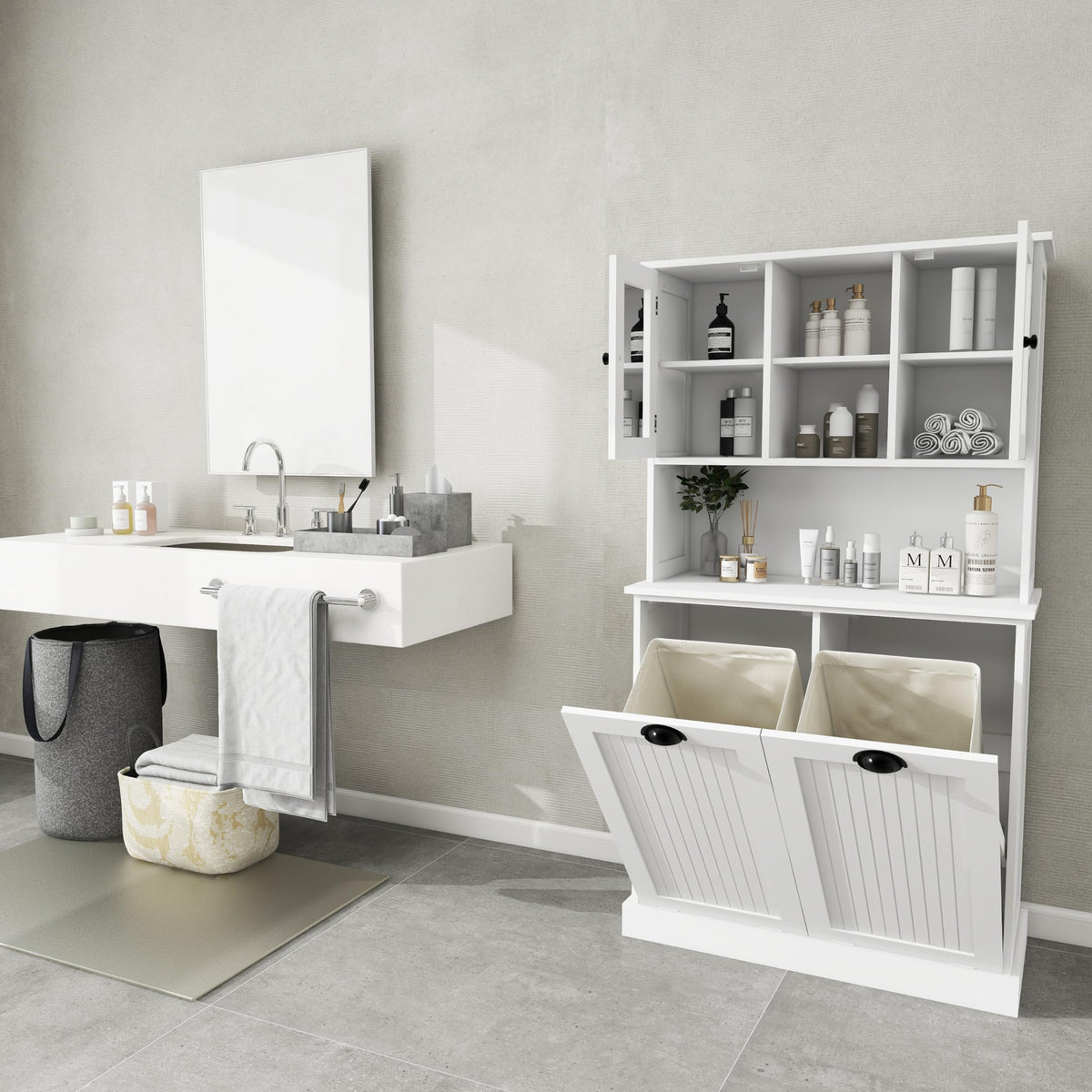 Laundry Hamper Cabinet with 2 Tilt-Out Bins and Adjustable Shelves