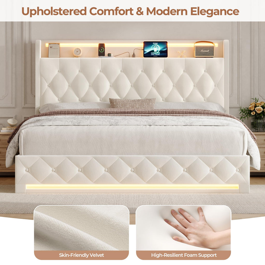 Hizyrina Hydraulic Lift Up Storage Bed Frame with Shelves, Side Pockets & Charging Station, Upholstered LED Platform Bed with Button Tufted Headboard, No Box Spring Needed, Velvet