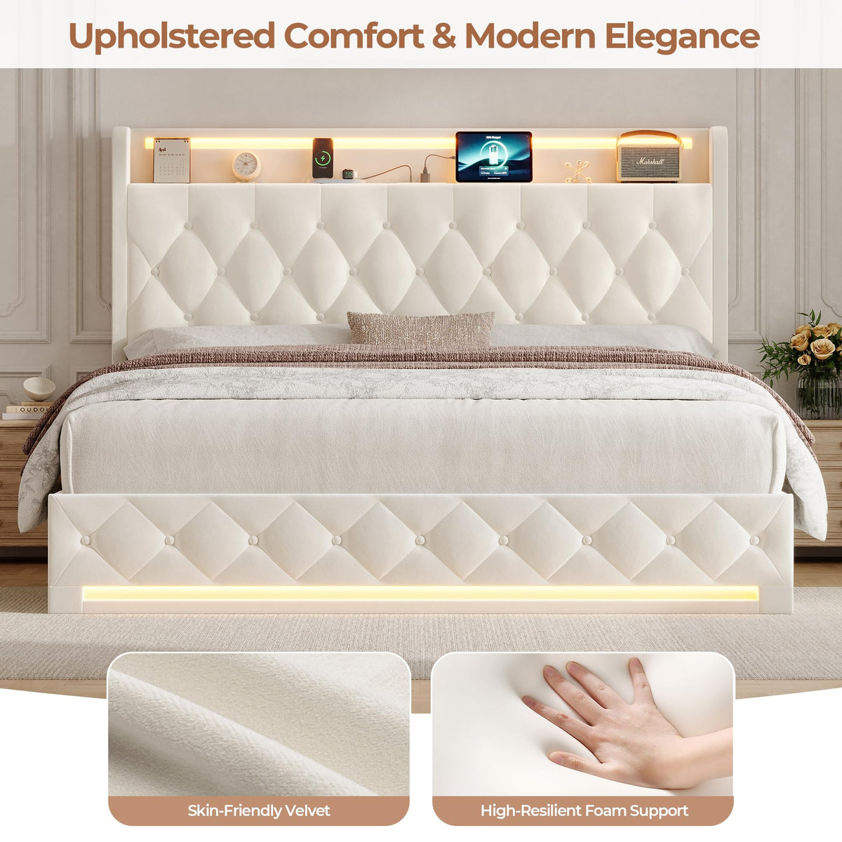 Hizyrina Hydraulic Lift Up Storage Bed Frame with Shelves, Side Pockets & Charging Station, Upholstered LED Platform Bed with Button Tufted Headboard, No Box Spring Needed, Velvet