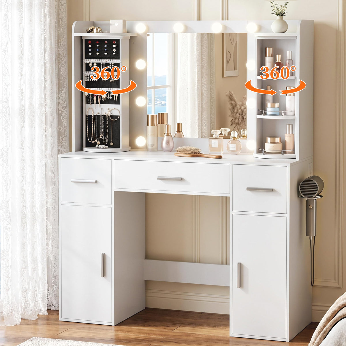 EasyCom Vanity Desk with Rotating Jewelry Organizers for Bedroom