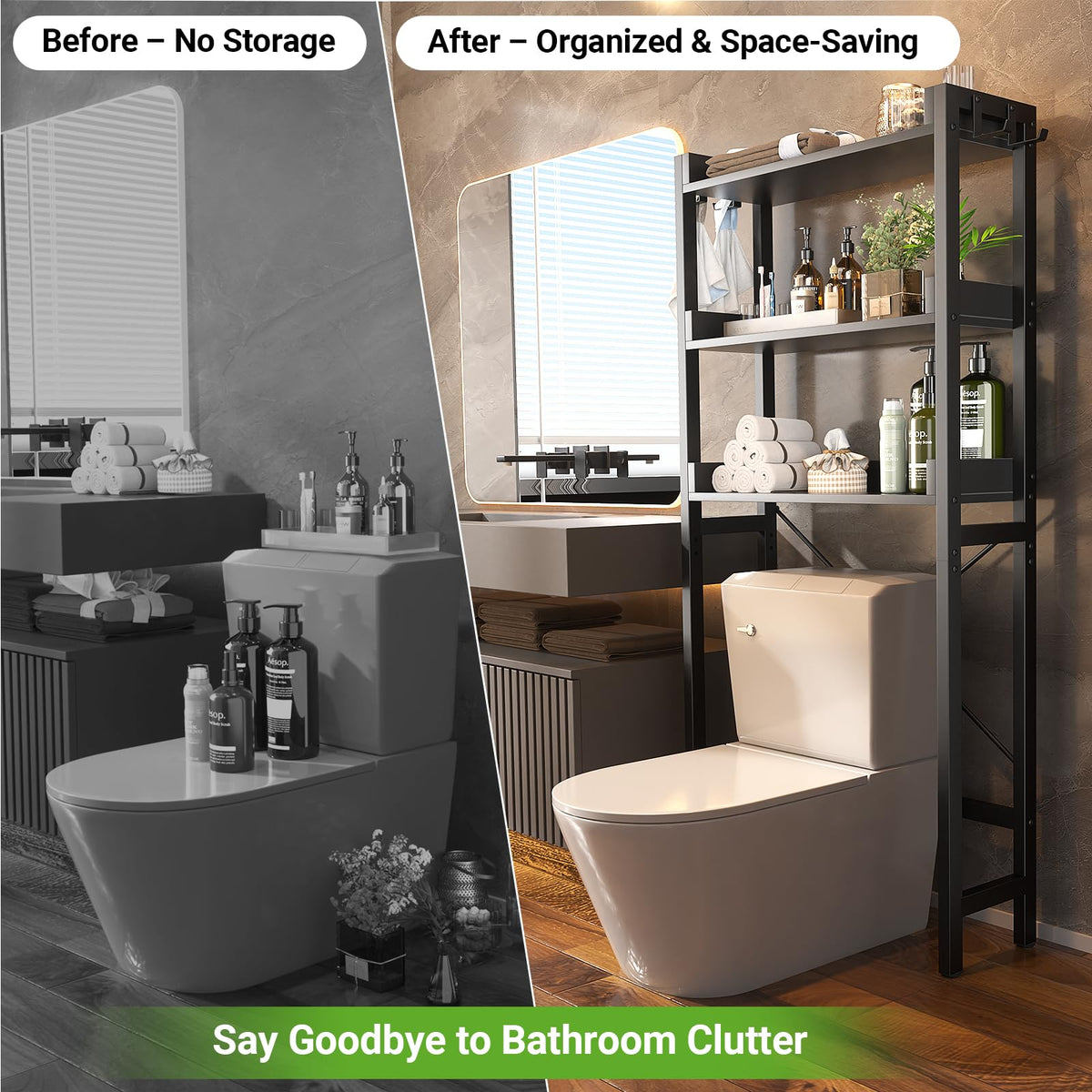 Besiost Over The Toilet Storage with 2 Drawers, Bathroom Organizer with Adjustable Shelf, Space Saver Storage Rack for Bathroom, Restroom, Laundry