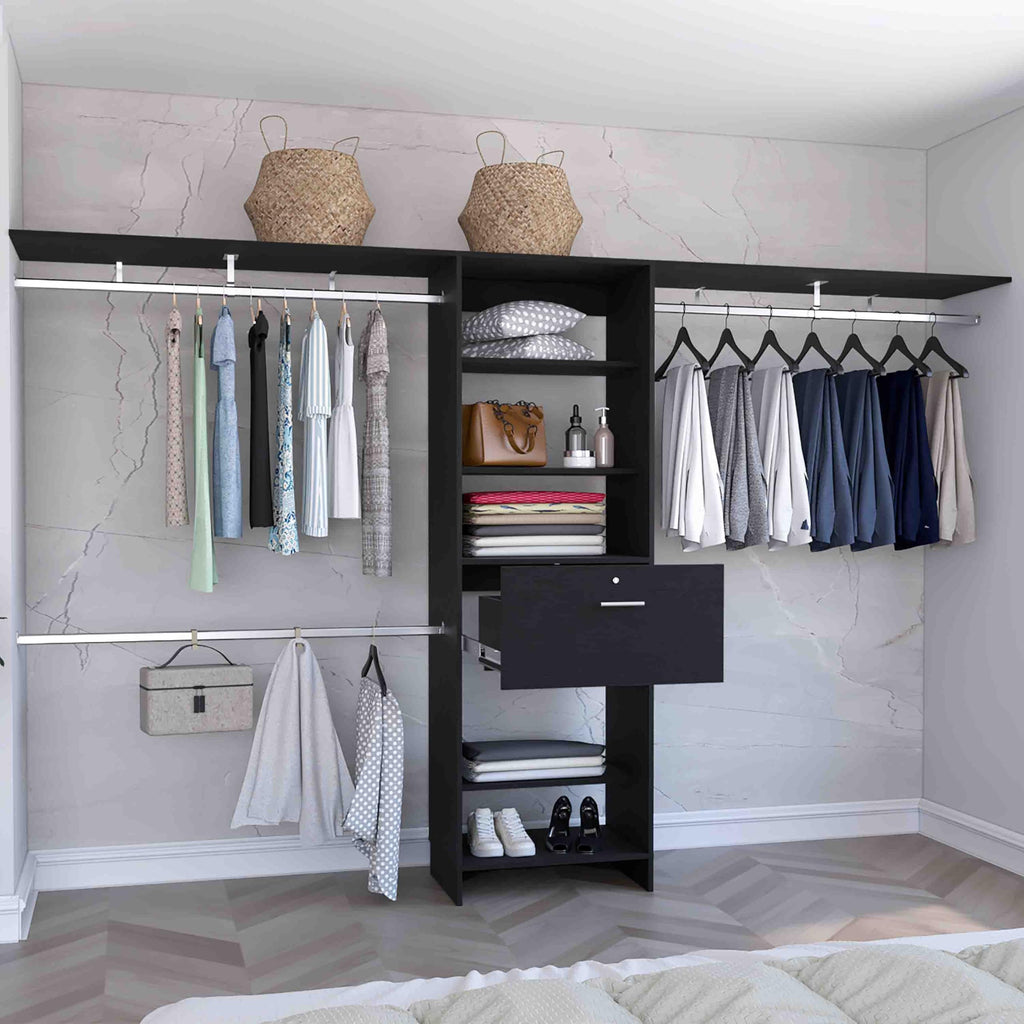 GMASONHK Black Closet Organizer System - 3 Hanging Rods, 5 Shelves, 1 Drawer for Bedroom and Wardrobe