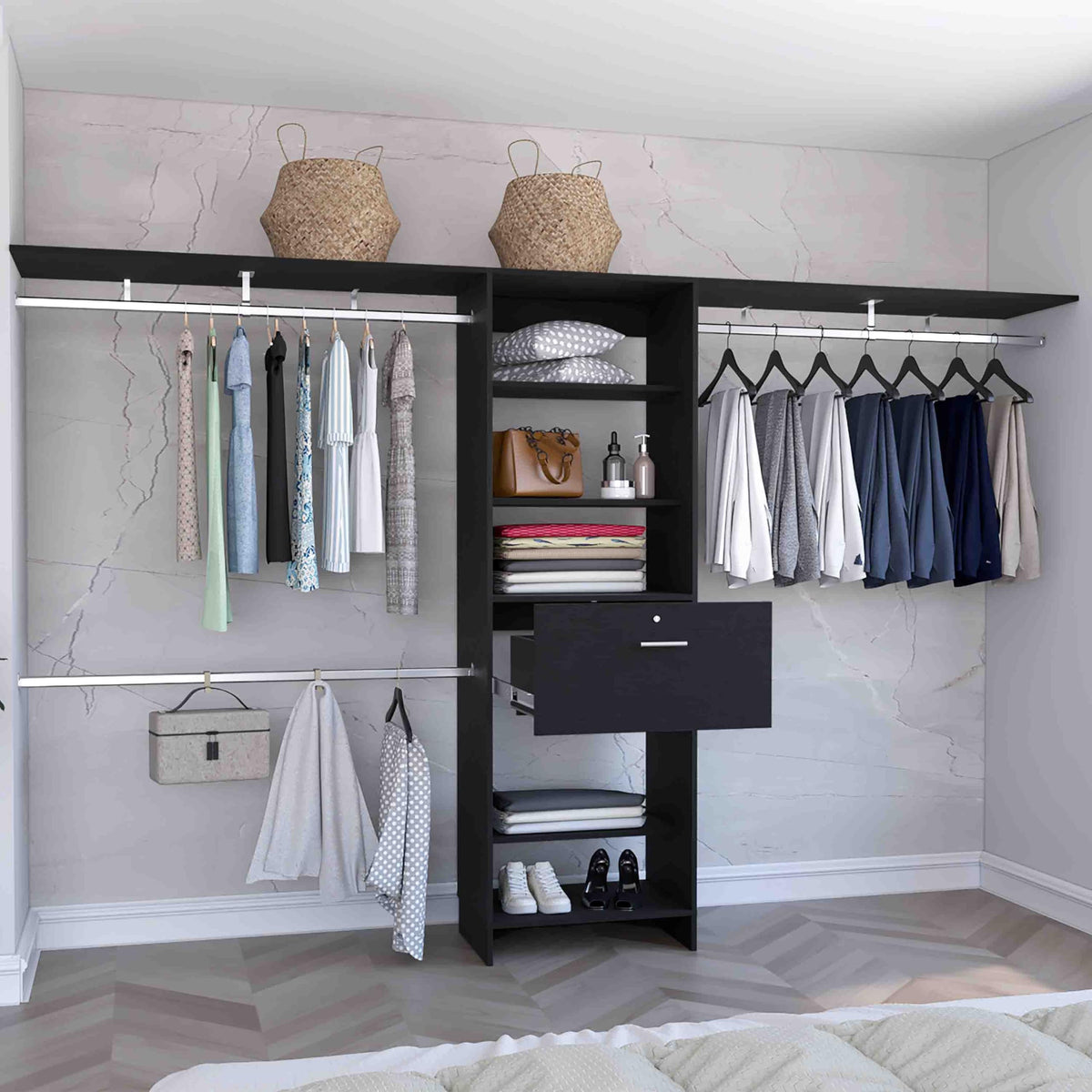 GMASONHK Black Closet Organizer System - 3 Hanging Rods, 5 Shelves, 1 Drawer for Bedroom and Wardrobe