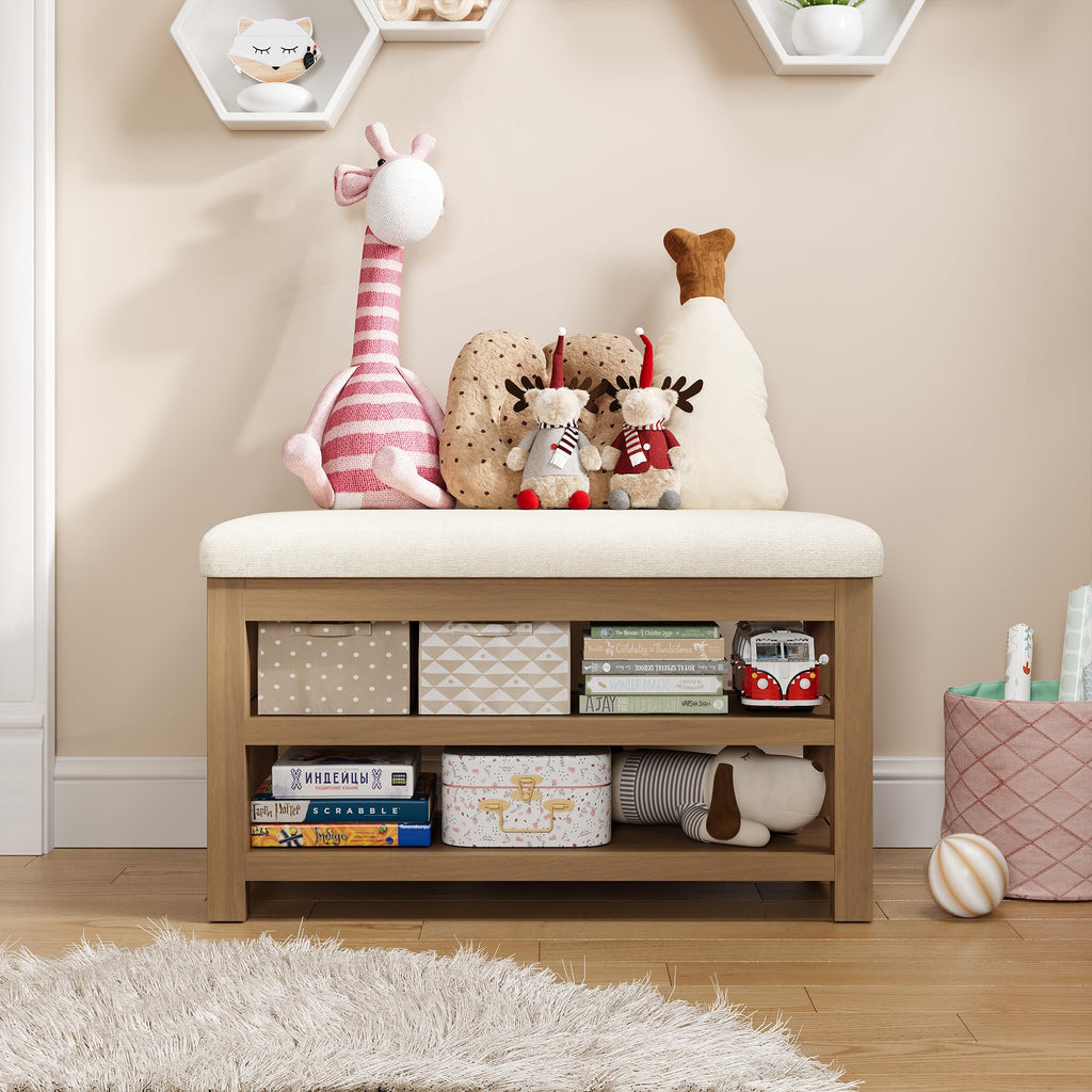 2 Tier Solid Rubberwood Shoe Bench - 300 LBS Capacity, 31.5" Beige