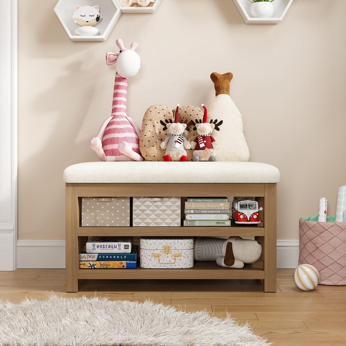 2 Tier Solid Rubberwood Shoe Bench - 300 LBS Capacity, 31.5" Beige