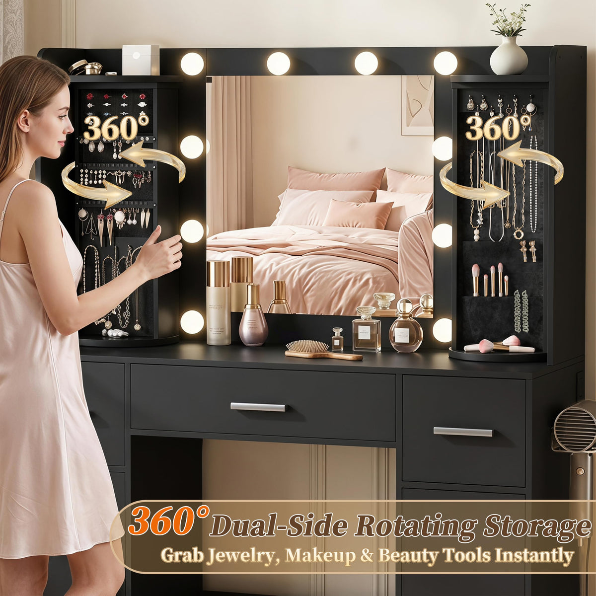 EasyCom Vanity Desk with Rotating Jewelry Organizers for Bedroom