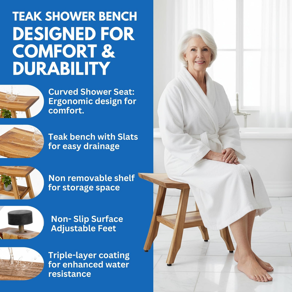 EcoDecors Satori Teak Wood Shower Bench, EarthyTeak Finish