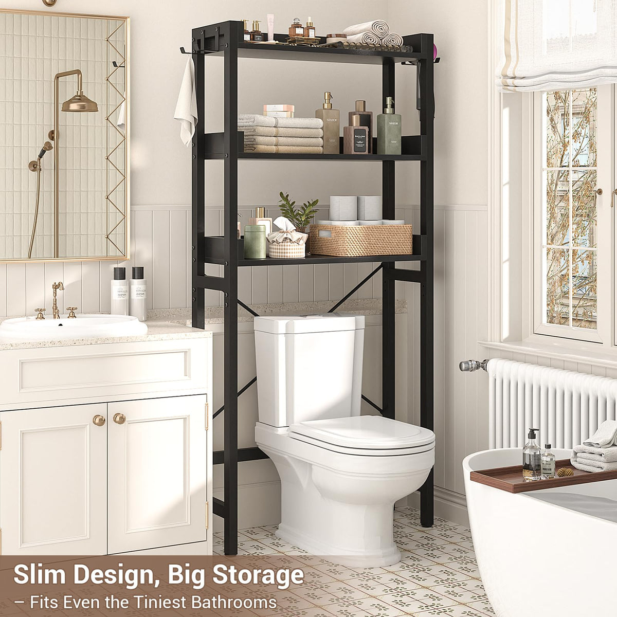 Besiost Over The Toilet Storage with 2 Drawers, Bathroom Organizer with Adjustable Shelf, Space Saver Storage Rack for Bathroom, Restroom, Laundry