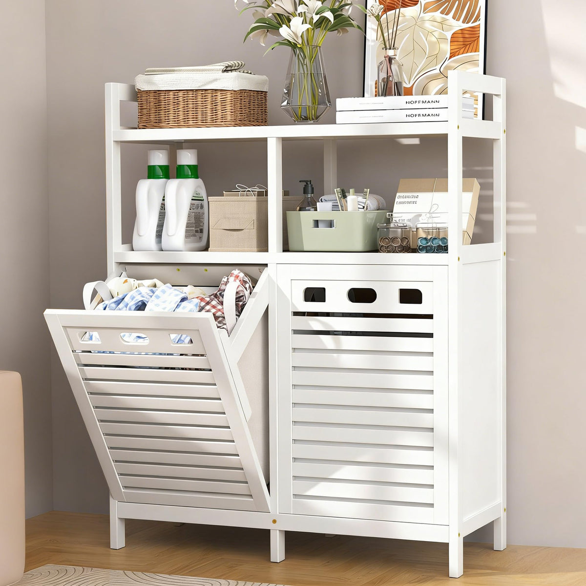 VASMIA Tilt-Out Bamboo Laundry Hamper with Storage