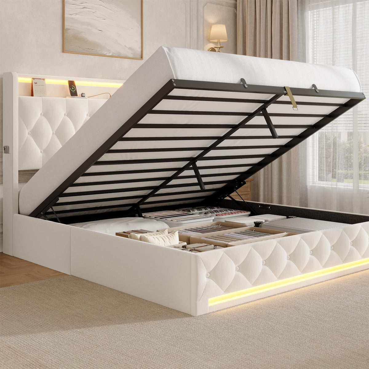 Hizyrina Hydraulic Lift Storage Bed with Charging Station