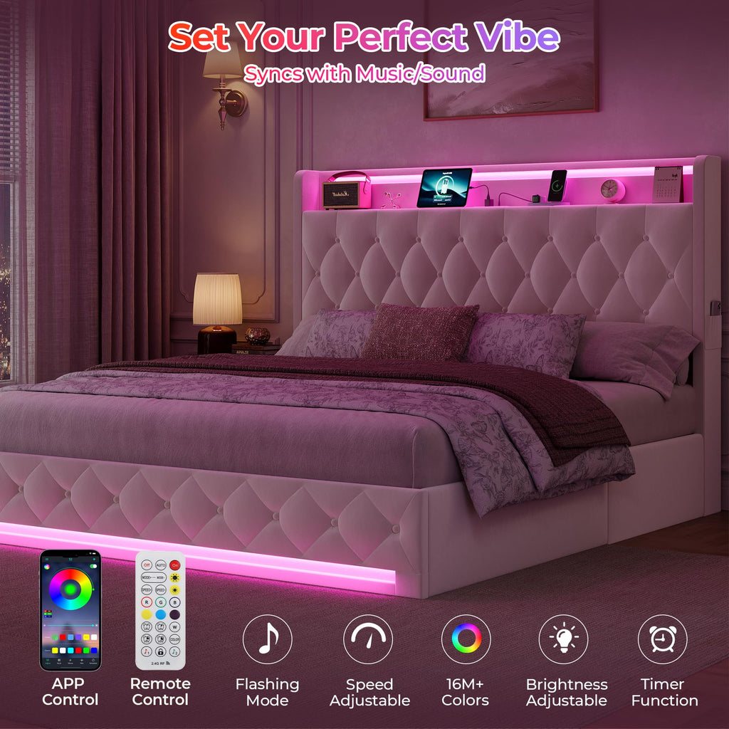 Hizyrina Hydraulic Lift Up Storage Bed Frame with Shelves, Side Pockets & Charging Station, Upholstered LED Platform Bed with Button Tufted Headboard, No Box Spring Needed, Velvet