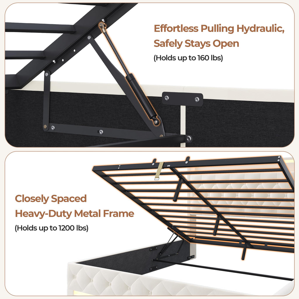 Hizyrina Hydraulic Lift Up Storage Bed Frame with Shelves, Side Pockets & Charging Station, Upholstered LED Platform Bed with Button Tufted Headboard, No Box Spring Needed, Velvet