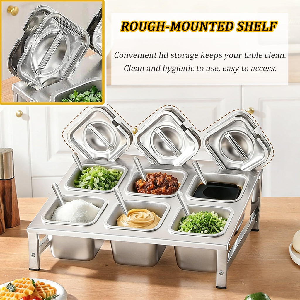 304 Stainless Steel Pizza Topping Station, 2-Tier Condiment Tray with Lids & Spoons, Kitchen Counter Organizer for Spices & Toppings, Restaurant & Home Use