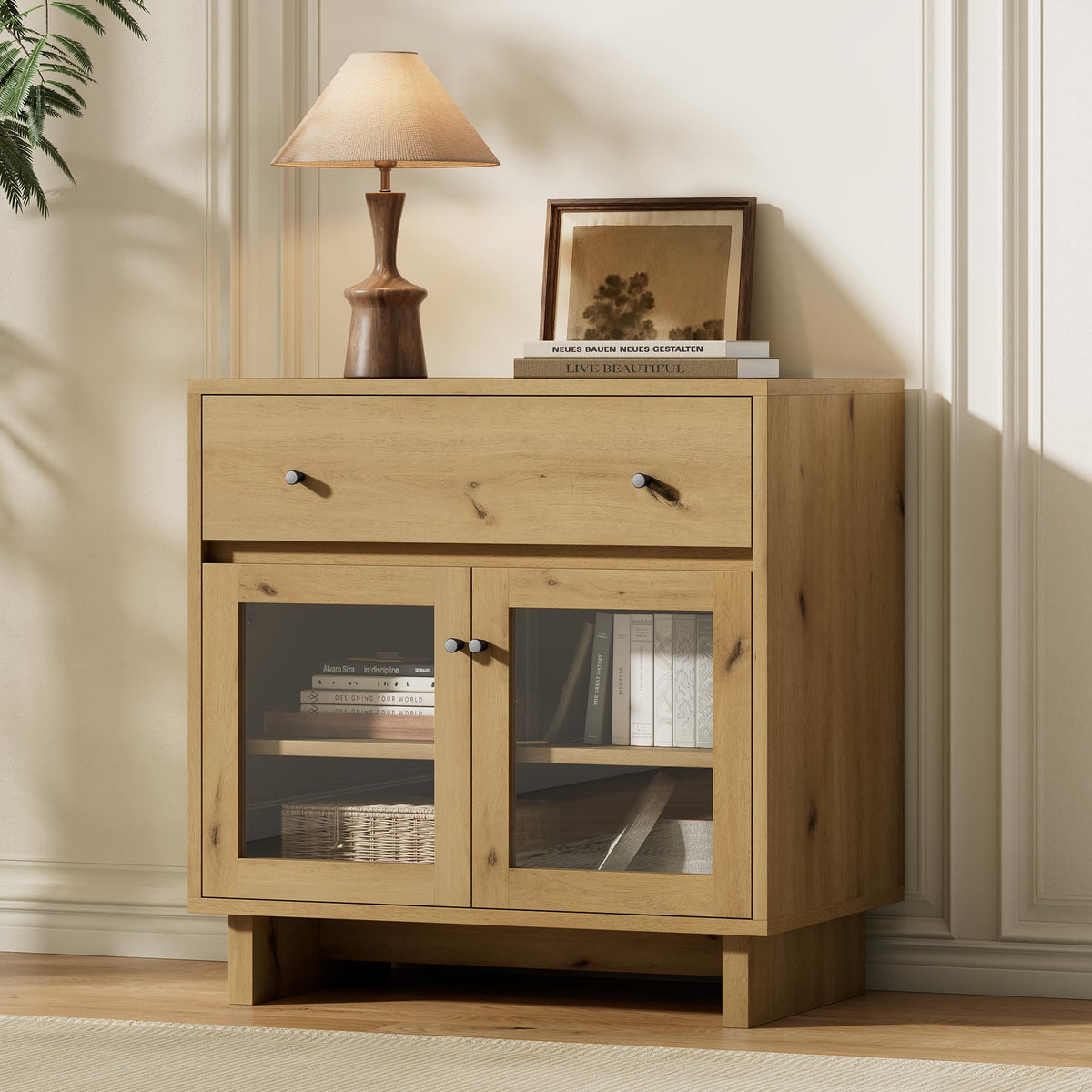 AMERLIFE Storage Cabinet with Glass Doors & Drawer