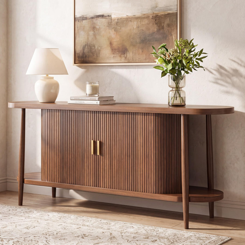 63" Fluted Console Table with Storage, Entryway Table Sliding Door, Walnut