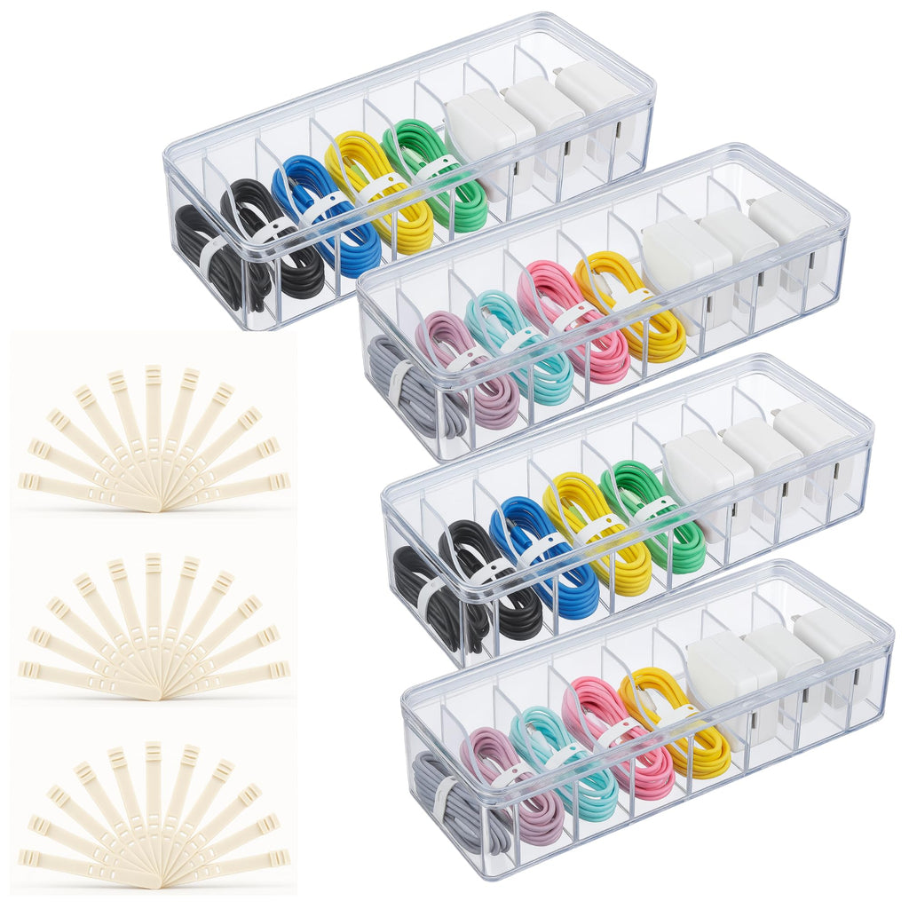 4-Pack Clear Cable Management Boxes with 40 Silicone Ties - Durable Cord Organizer Storage Solution for Desk Accessories, Electronics, Cosmetics, Jewelry - Versatile Home & Office Organization Kit