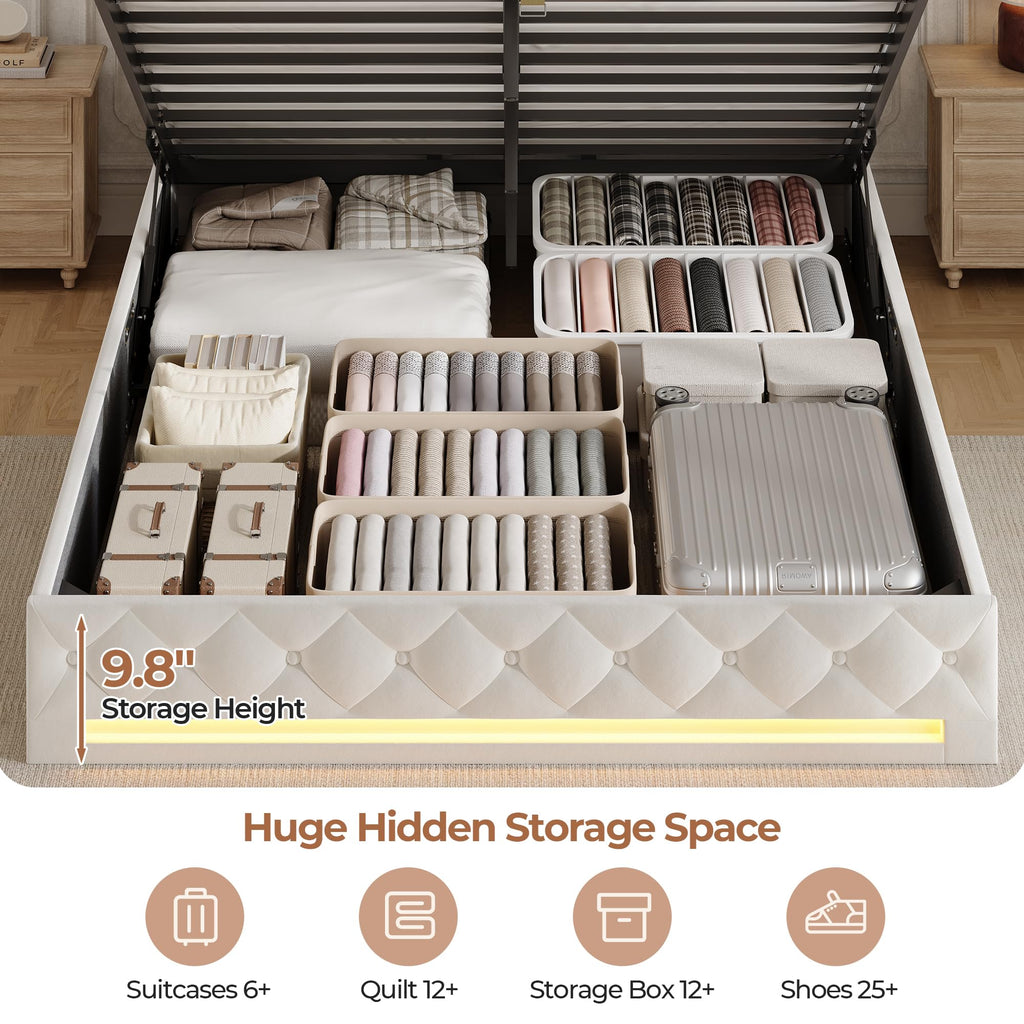 Hizyrina Hydraulic Lift Up Storage Bed Frame with Shelves, Side Pockets & Charging Station, Upholstered LED Platform Bed with Button Tufted Headboard, No Box Spring Needed, Velvet