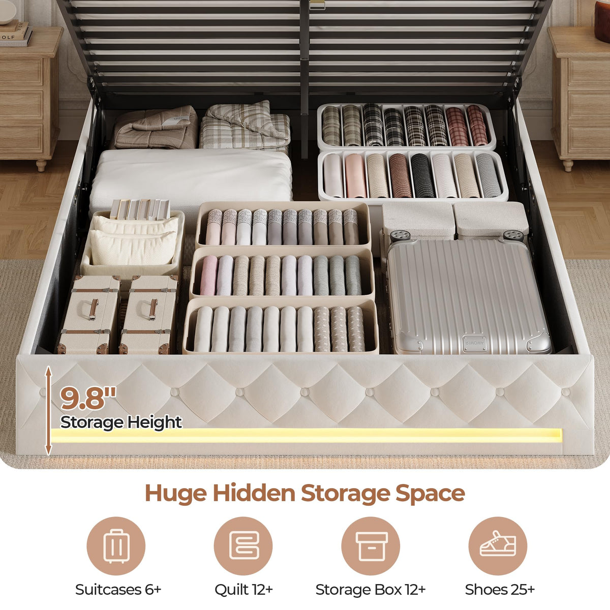 Hizyrina Hydraulic Lift Up Storage Bed Frame with Shelves, Side Pockets & Charging Station, Upholstered LED Platform Bed with Button Tufted Headboard, No Box Spring Needed, Velvet