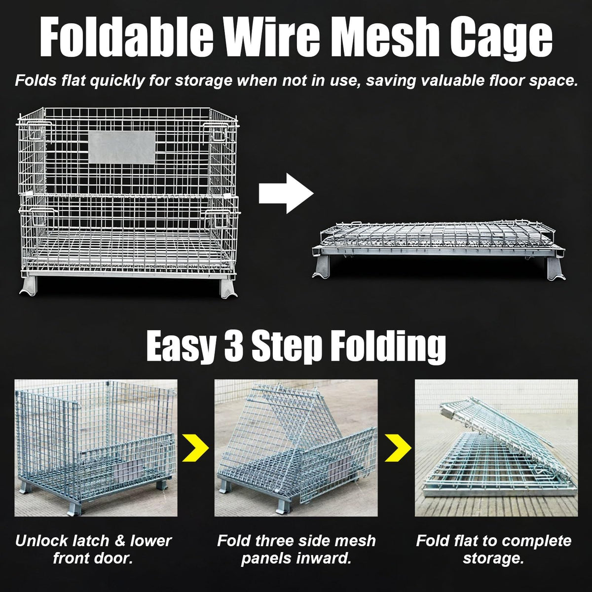 Heavy-Duty Wire Mesh Storage Cart with 4 Wheels & Folding Feet - Mobile Utility Trolley for Home, Garage, Warehouse, and Shop Organization