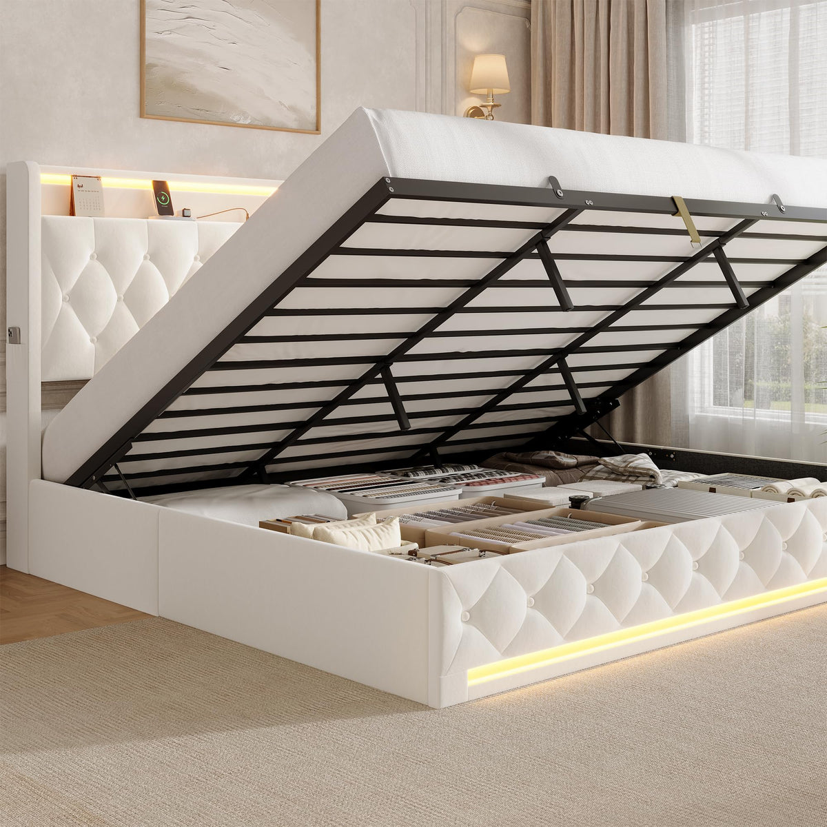 Hizyrina Hydraulic Lift Up Storage Bed Frame with Shelves, Side Pockets & Charging Station, Upholstered LED Platform Bed with Button Tufted Headboard, No Box Spring Needed, Velvet