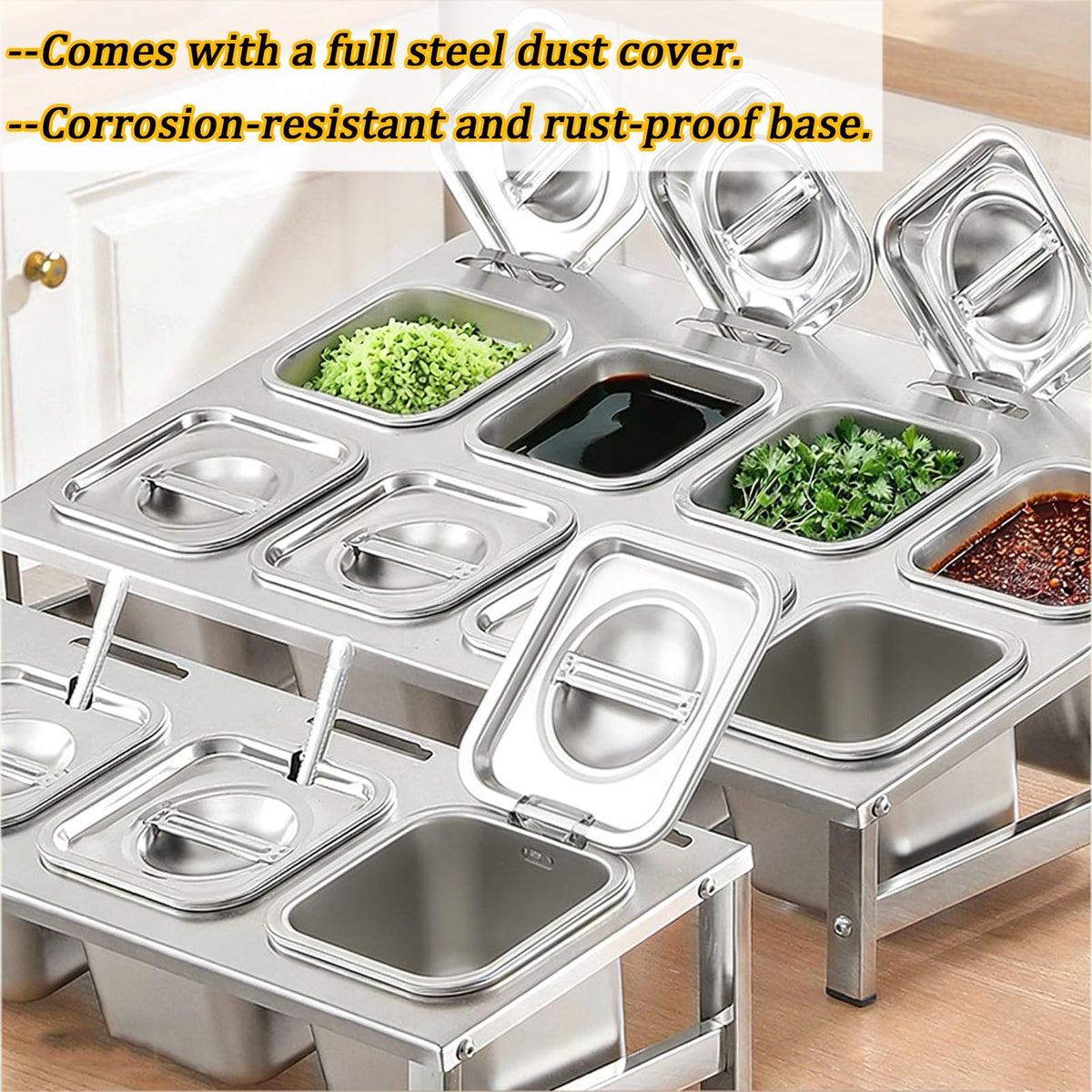 304 Stainless Steel Pizza Topping Station, 2-Tier Condiment Tray with Lids & Spoons, Kitchen Counter Organizer for Spices & Toppings, Restaurant & Home Use