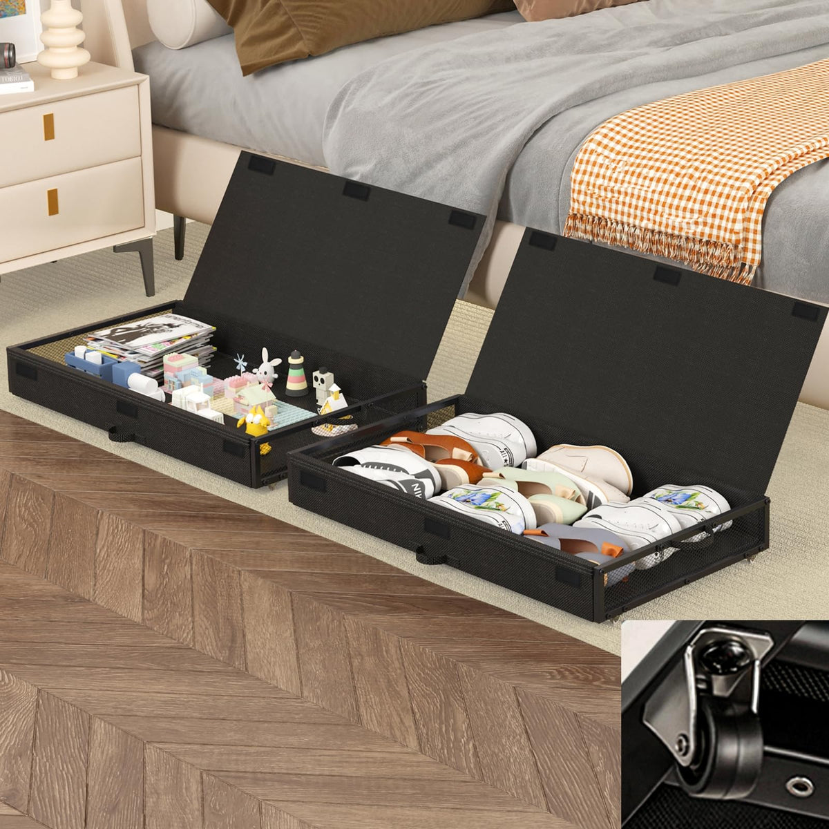 Fokyfok 2-Pack Rolling Under-Bed Storage Bins with Lids