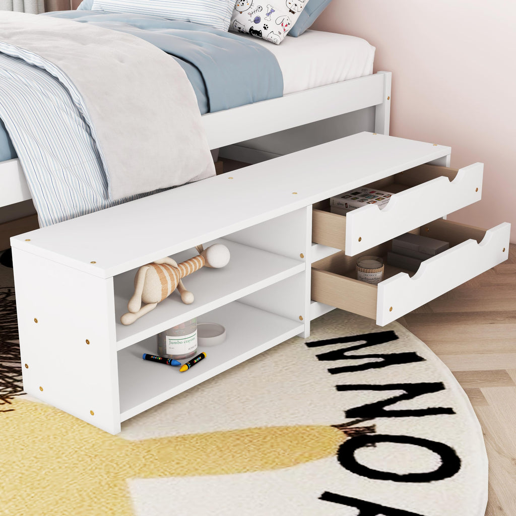 Full Size Storage Bed, Solid Wood Bed with Trundle, Under Bed Storage Box of 2 Drawers, Shelves, and Nightstand,White DI728 CR275