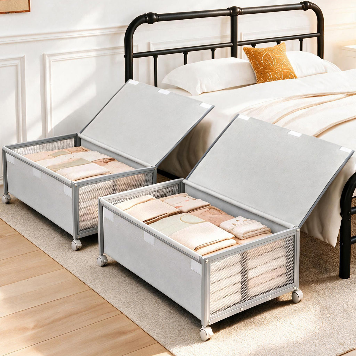 Fokyfok 2-Pack Rolling Under-Bed Storage Bins with Lids