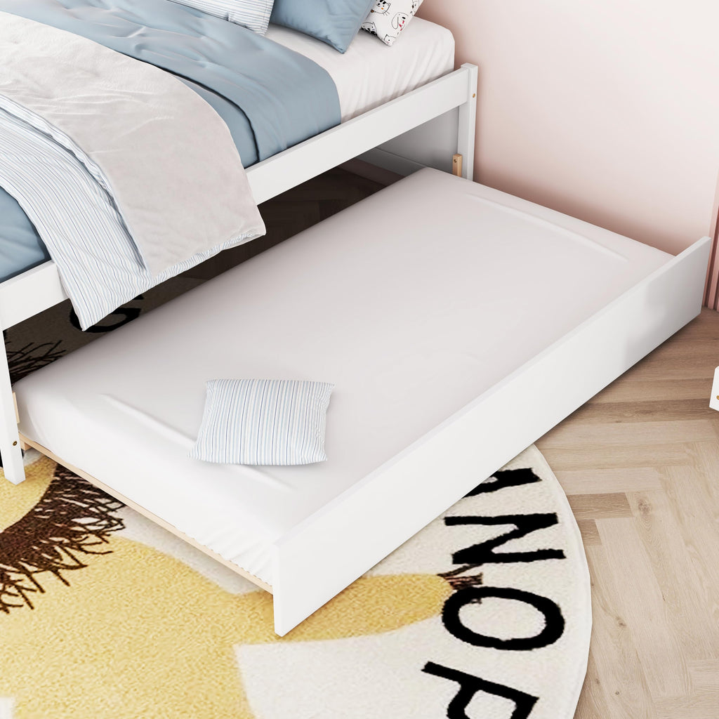 Full Size Storage Bed, Solid Wood Bed with Trundle, Under Bed Storage Box of 2 Drawers, Shelves, and Nightstand,White DI728 CR275