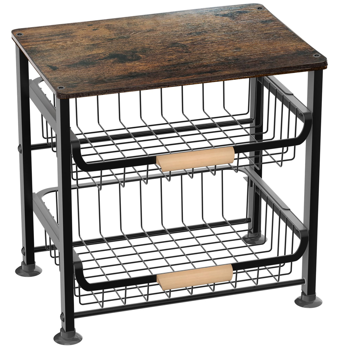 NiuYichee Fruit Basket Kitchen Pantry Organizers and Storage - Wooden Top Table,Pullable Metal Wire Basket Stand Cart for Fruit Vegetable Snacks Jars Bins Containers Organization
