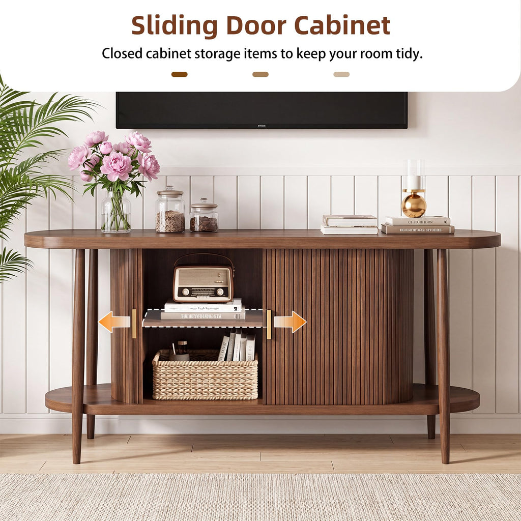63" Fluted Console Table with Storage, Entryway Table Sliding Door, Walnut